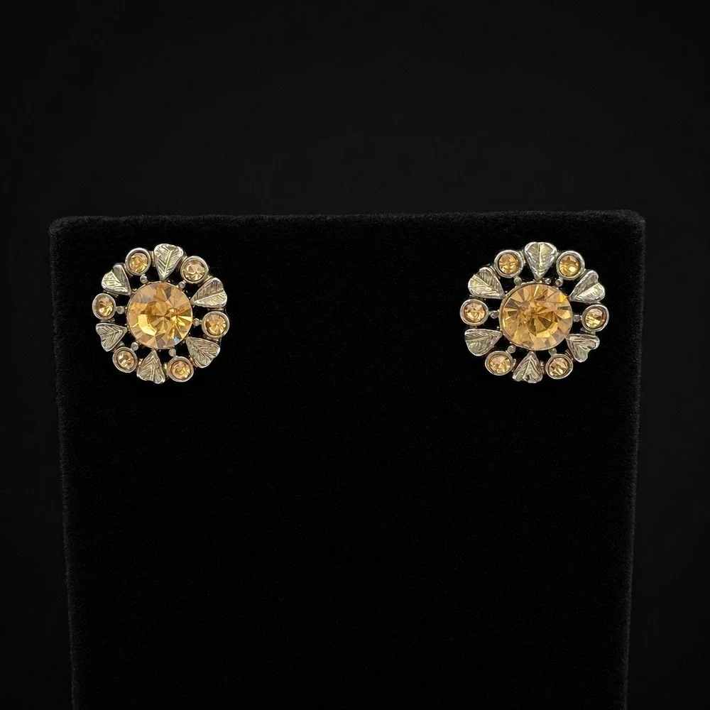 Vintage Style Amber Crystal Floral Stud Earrings Silver Tone Sunburst Petal‎